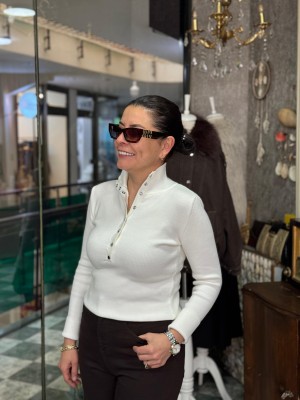 Dik Yaka Çıtçıtlı Triko Kazak - Ekru 