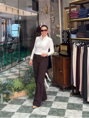 Dik Yaka Çıtçıtlı Triko Kazak - Ekru 