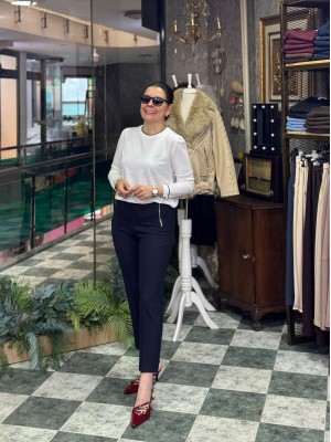 Bisiklet Yaka Arka Damla Detay Uzun Kol Merserize Triko Beyaz