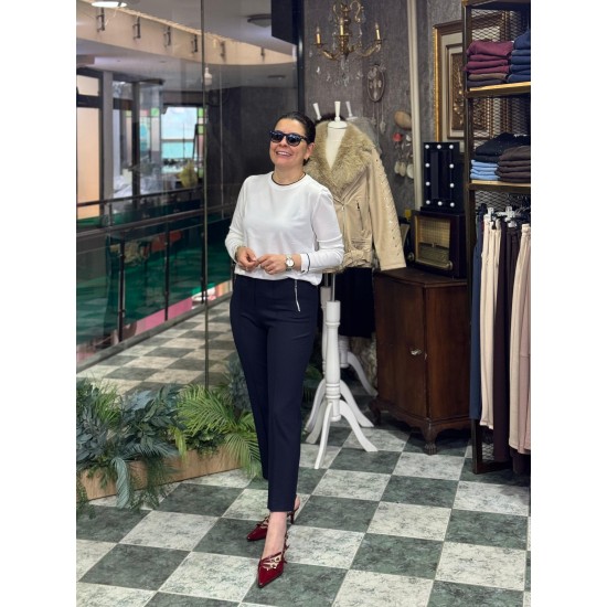 Bisiklet Yaka Arka Damla Detay Uzun Kol Merserize Triko Beyaz