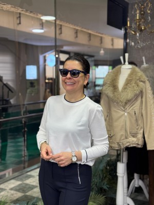 Bisiklet Yaka Arka Damla Detay Uzun Kol Merserize Triko Beyaz