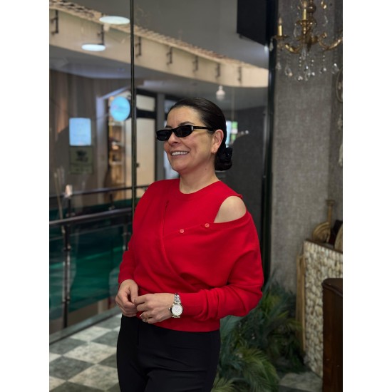 Kırmızı Omuz Detaylı Angora Kazak