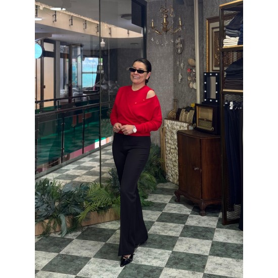 Kırmızı Omuz Detaylı Angora Kazak