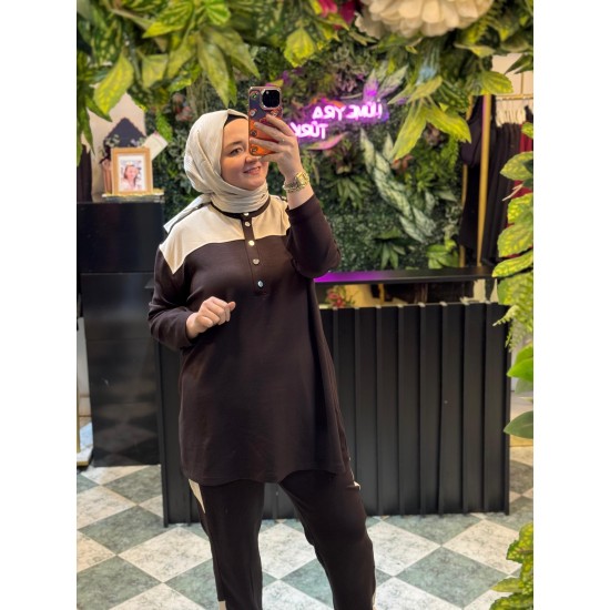 Rahat Kesim Büyük Beden Şerit Detaylı Tesettür Spor Takım – Tunik & Pantolon 2’li Set