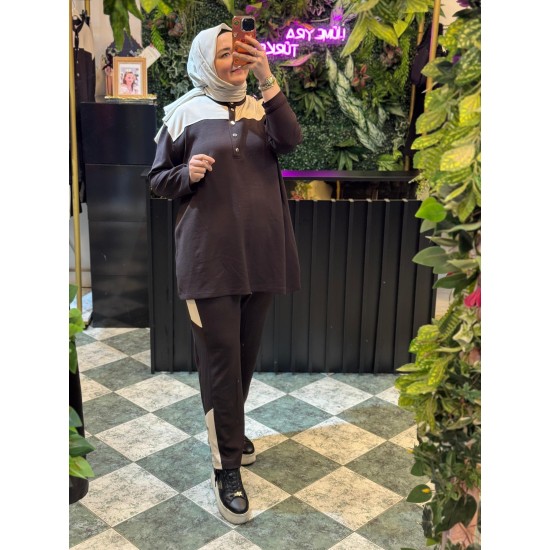 Rahat Kesim Büyük Beden Şerit Detaylı Tesettür Spor Takım – Tunik & Pantolon 2’li Set