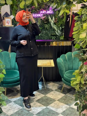 Rahat Kesim Büyük Beden Şerit Detaylı Tesettür Etekli Takım – Ceket& Etek 2’li Set