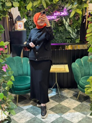 Rahat Kesim Büyük Beden Şerit Detaylı Tesettür Etekli Takım – Ceket& Etek 2’li Set