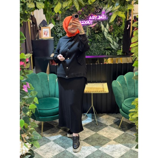 Rahat Kesim Büyük Beden Şerit Detaylı Tesettür Etekli Takım – Ceket& Etek 2’li Set
