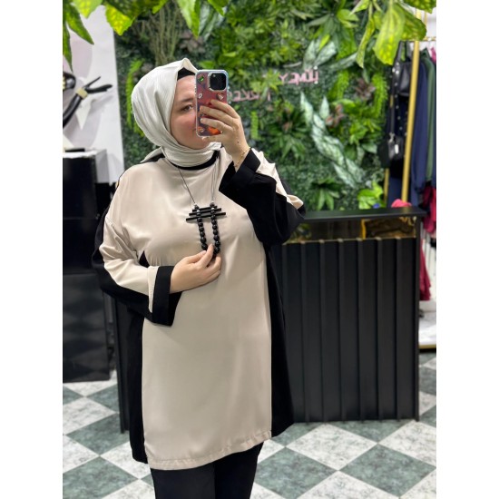 Büyük Beden İki Renkli Salaş Tunik Takım