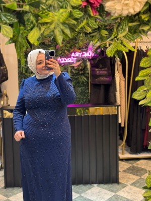 Büyük Beden Taş İşlemeli Saks Mavi Abiye Elbise
