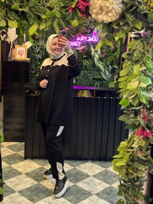 Rahat Kesim Büyük Beden Şerit Detaylı Tesettür Spor Takım – Tunik & Pantolon 2’li Set