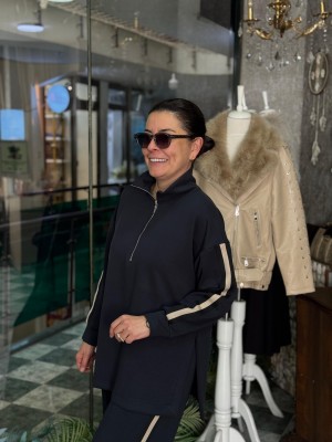 Siyah Krem Bloklu Yakası Fermuarlı Eşofman Takımı - Antrasit