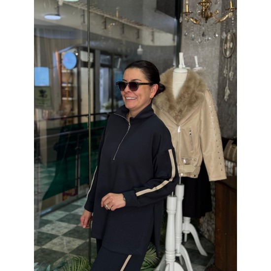 Siyah Krem Bloklu Yakası Fermuarlı Eşofman Takımı - Antrasit