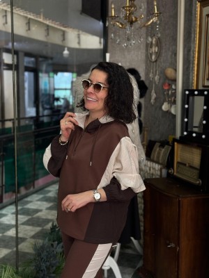 Kahve Krem Paraşüt Parçalı Tasarım Eşofman Takım