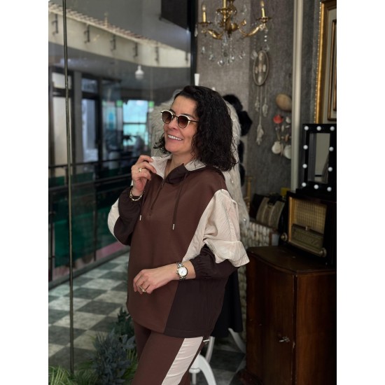 Kahve Krem Paraşüt Parçalı Tasarım Eşofman Takım