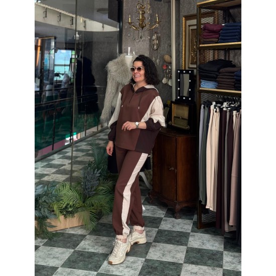 Kahve Krem Paraşüt Parçalı Tasarım Eşofman Takım