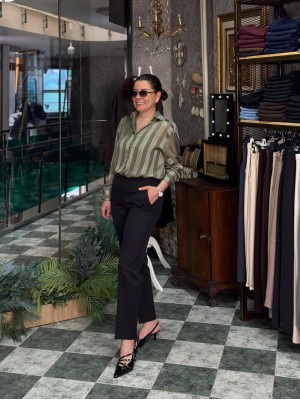 Çizgili Transparan Saten Gömlek Yeşil