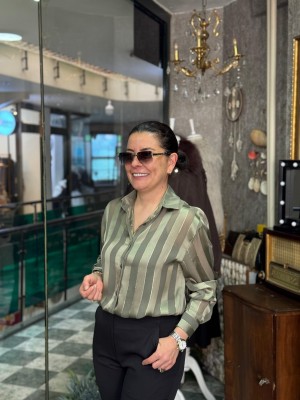 Çizgili Transparan Saten Gömlek Yeşil