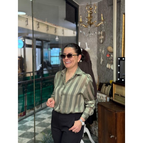 Çizgili Transparan Saten Gömlek Yeşil