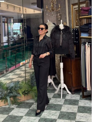 Çizgili Transparan Saten Gömlek Siyah