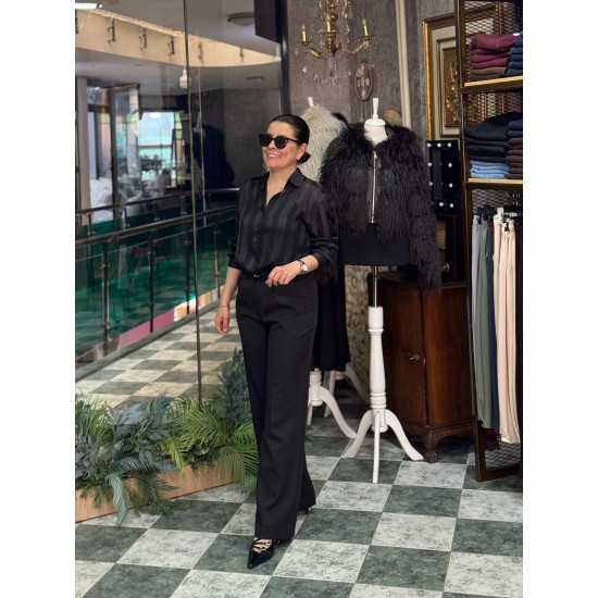 Çizgili Transparan Saten Gömlek Siyah