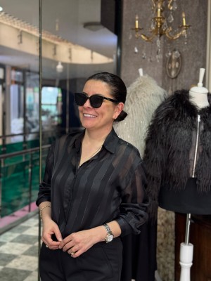 Çizgili Transparan Saten Gömlek Siyah