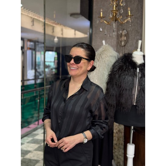 Çizgili Transparan Saten Gömlek Siyah