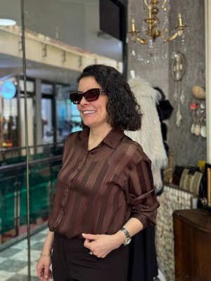 Çizgili Transparan Saten Gömlek Kahverengi