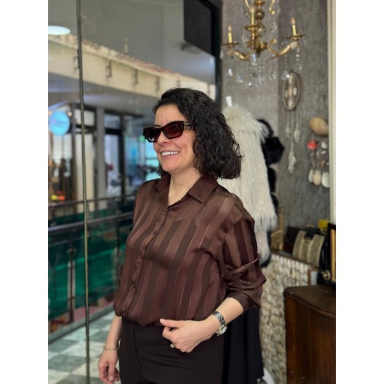 Çizgili Transparan Saten Gömlek Kahverengi