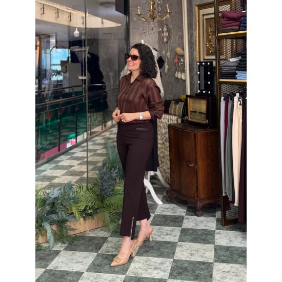 Çizgili Transparan Saten Gömlek Kahverengi