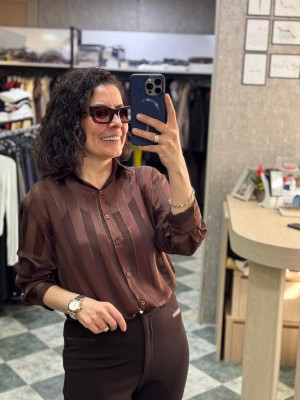 Çizgili Transparan Saten Gömlek Kahverengi