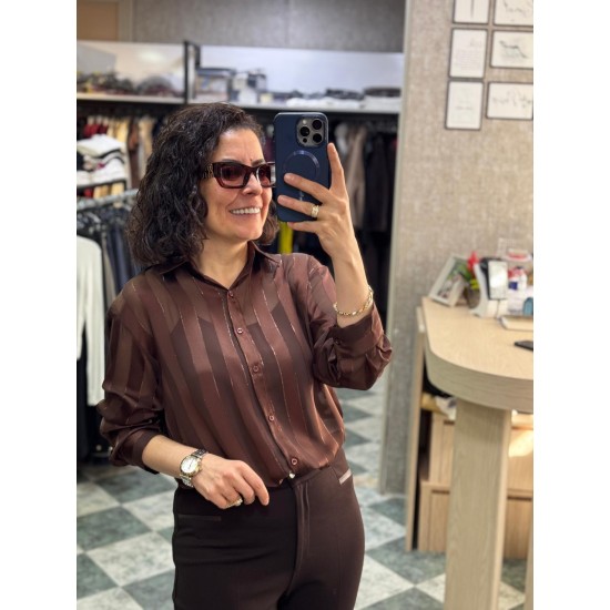 Çizgili Transparan Saten Gömlek Kahverengi